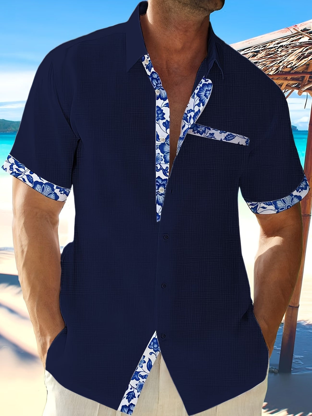 Men's Short Sleeve Button-Up Shirt with Floral Trim and Chest Pocket
