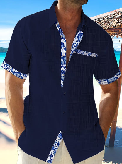Men's Short Sleeve Button-Up Shirt with Floral Trim and Chest Pocket
