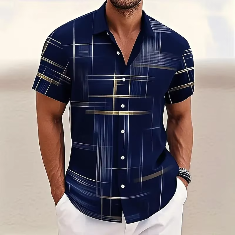 Men's Short-Sleeve Button-Up Shirt with Geometric Print and Turn-Down Collar