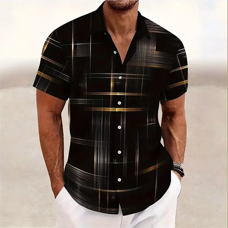 Men's Short-Sleeve Button-Up Shirt with Geometric Print and Turn-Down Collar