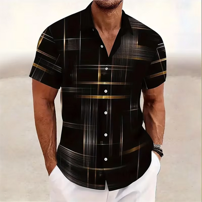 Men's Short-Sleeve Button-Up Shirt with Geometric Print and Turn-Down Collar
