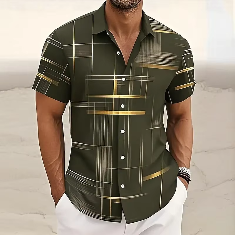 Men's Short-Sleeve Button-Up Shirt with Geometric Print and Turn-Down Collar