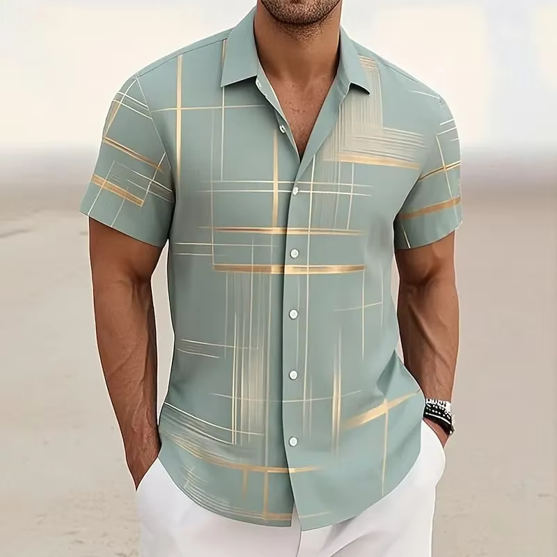 Men's Short-Sleeve Button-Up Shirt with Geometric Print and Turn-Down Collar