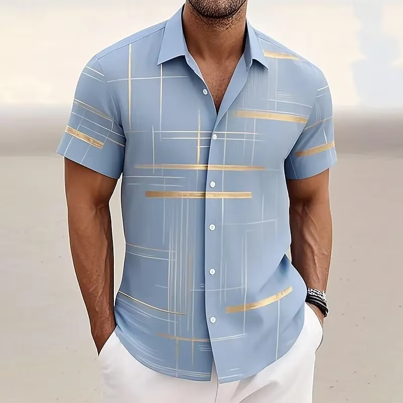 Men's Short-Sleeve Button-Up Shirt with Geometric Print and Turn-Down Collar