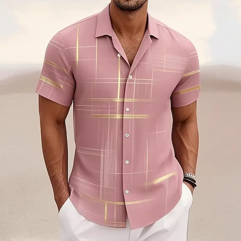 Men's Short-Sleeve Button-Up Shirt with Geometric Print and Turn-Down Collar