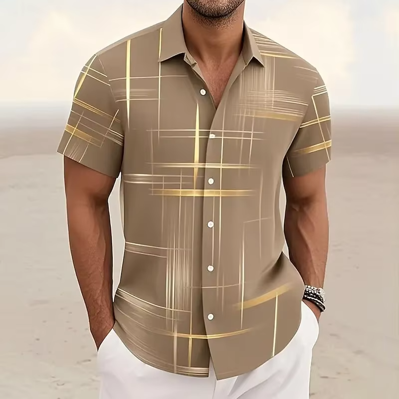 Men's Short-Sleeve Button-Up Shirt with Geometric Print and Turn-Down Collar