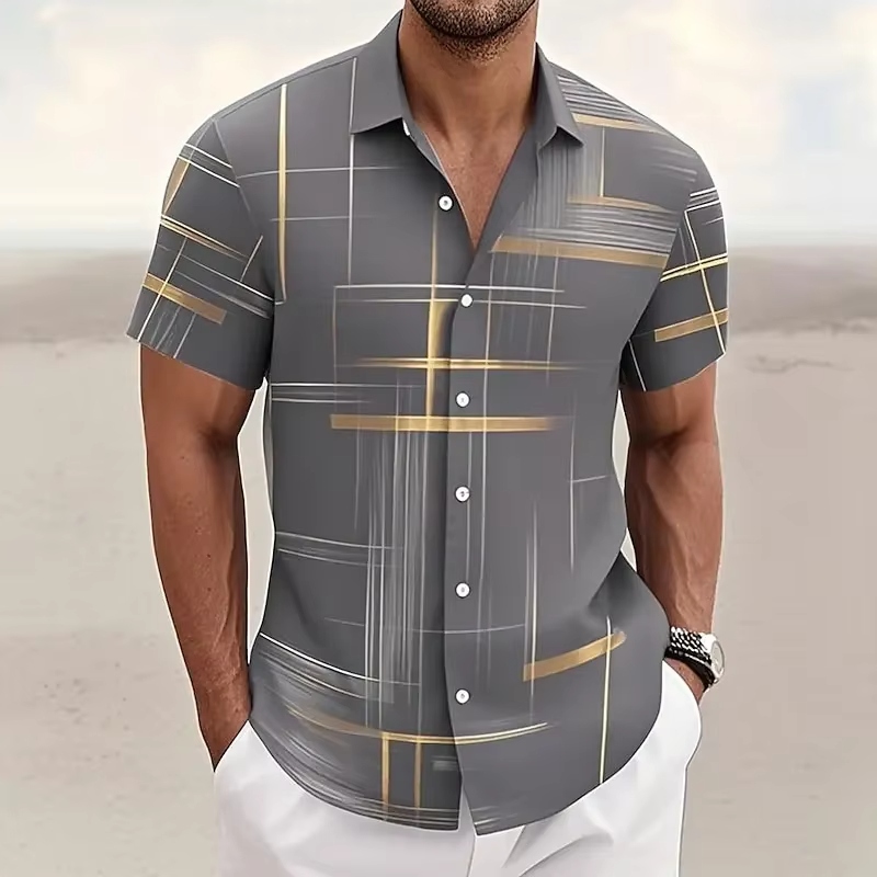 Men's Short-Sleeve Button-Up Shirt with Geometric Print and Turn-Down Collar
