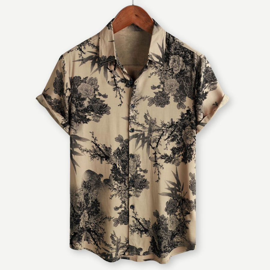 Men's Short Sleeve Floral Shirt with Button-Down Collar and Rolled Cuffs