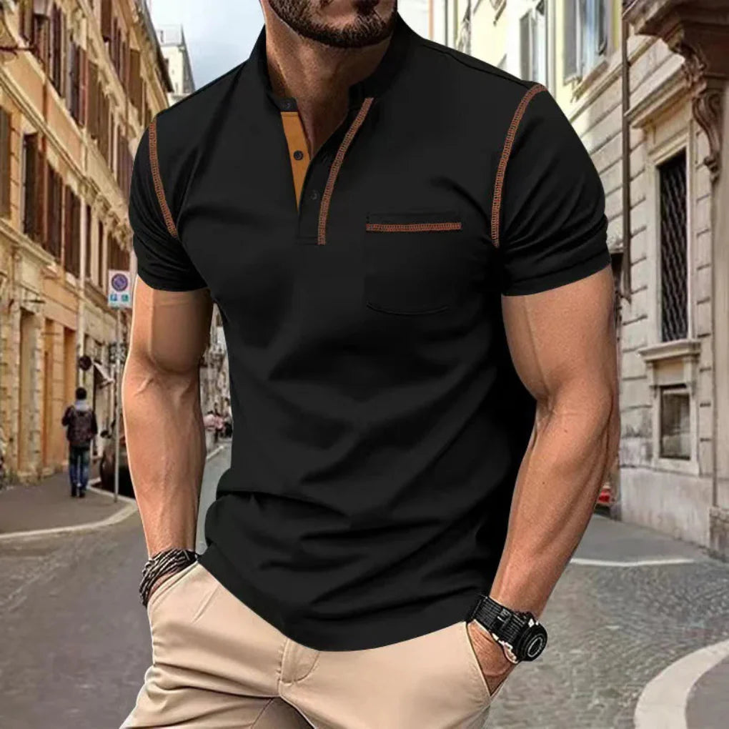 Men's Short Sleeve Henley Polo Shirt with Stand Collar, Button Placket and Chest Pocket