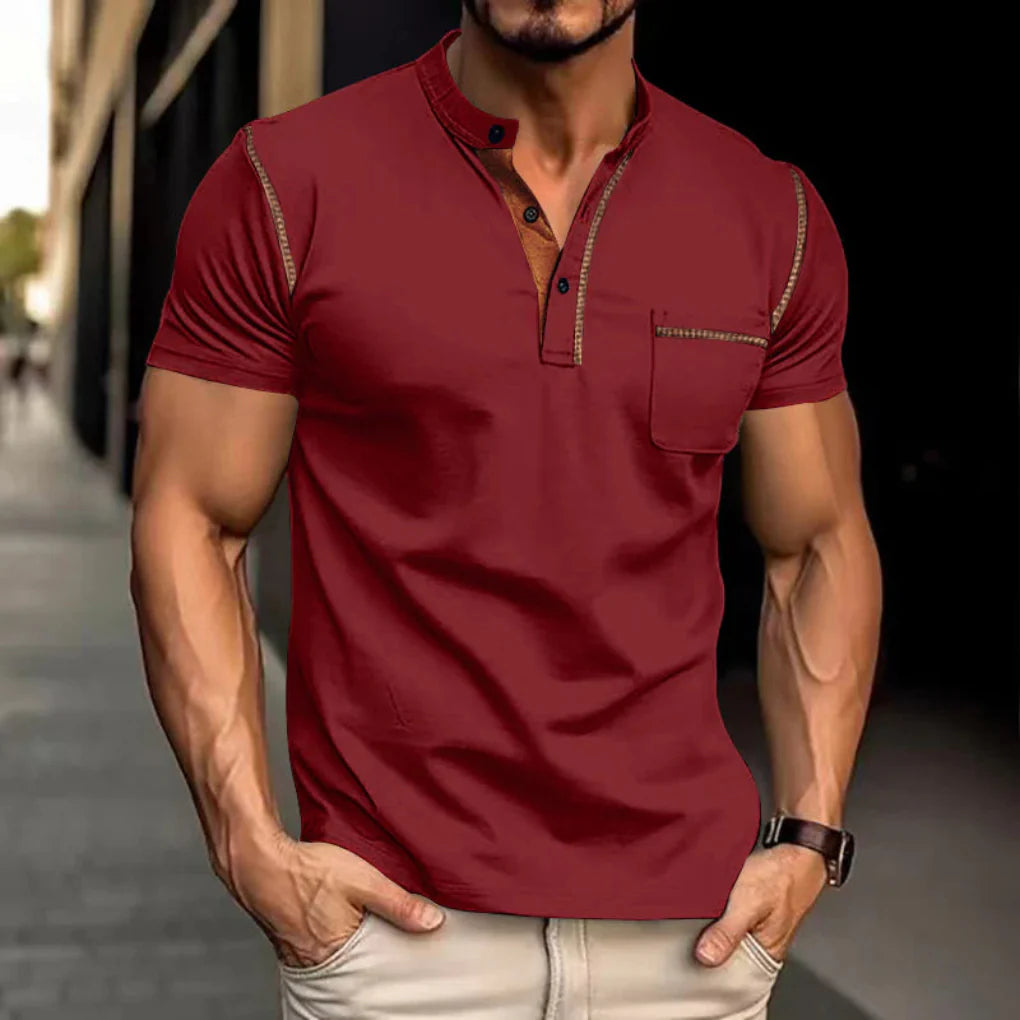 Men's Short Sleeve Henley Polo Shirt with Stand Collar, Button Placket and Chest Pocket