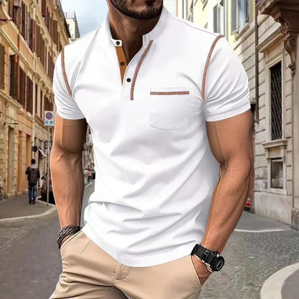 Men's Short Sleeve Henley Polo Shirt with Stand Collar, Button Placket and Chest Pocket