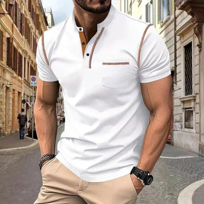 Men's Short Sleeve Henley Polo Shirt with Stand Collar, Button Placket and Chest Pocket