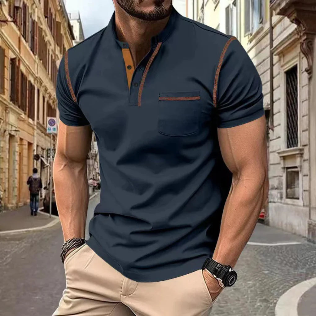 Men's Short Sleeve Henley Polo Shirt with Stand Collar, Button Placket and Chest Pocket