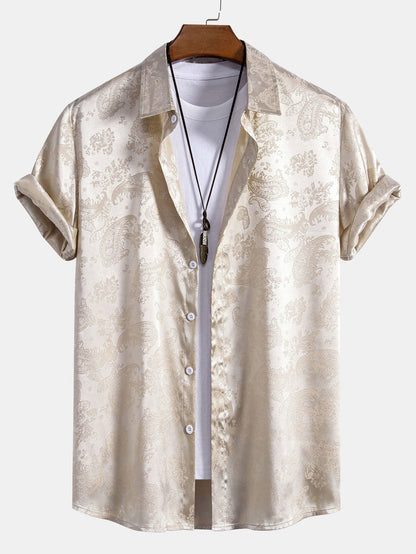 Men's Short Sleeve Paisley Shirt with Camp Collar and Button-Front
