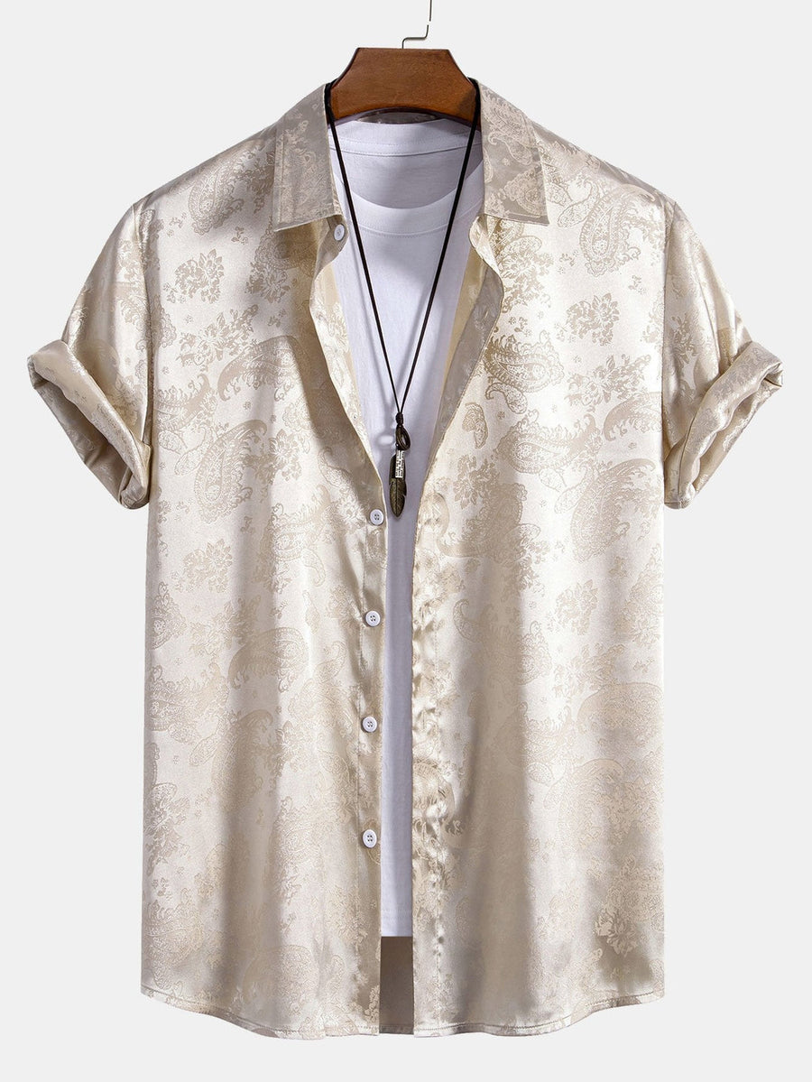 Men's Short Sleeve Paisley Shirt with Camp Collar and Button-Front