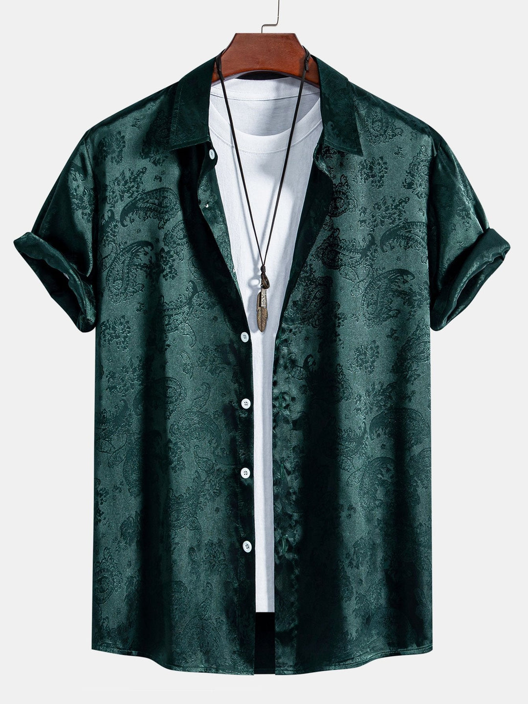 Men's Short Sleeve Paisley Shirt with Camp Collar and Button-Front