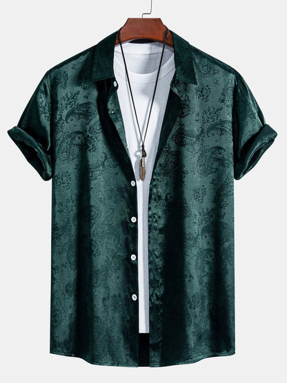 Men's Short Sleeve Paisley Shirt with Camp Collar and Button-Front