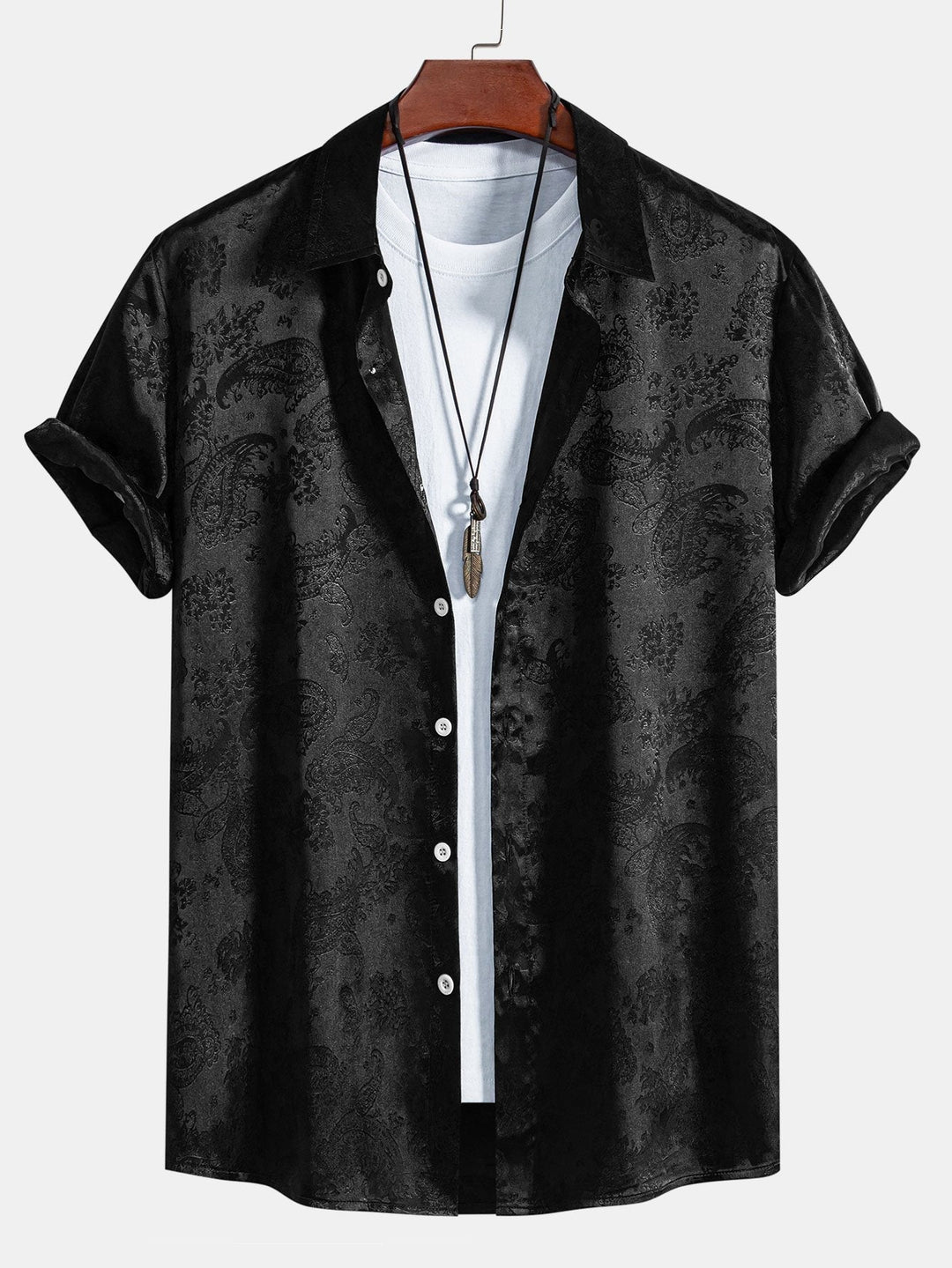 Men's Short Sleeve Paisley Shirt with Camp Collar and Button-Front