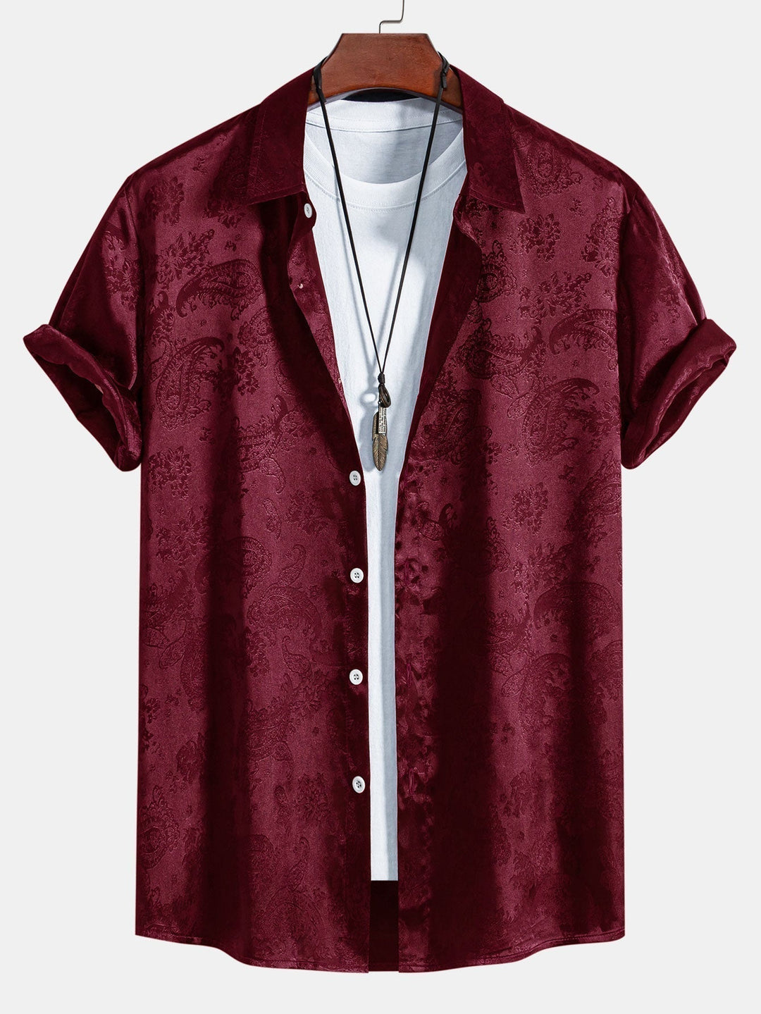 Men's Short Sleeve Paisley Shirt with Camp Collar and Button-Front
