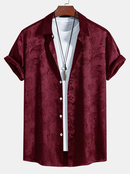 Men's Short Sleeve Paisley Shirt with Camp Collar and Button-Front