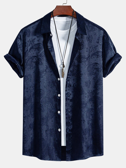 Men's Short Sleeve Paisley Shirt with Camp Collar and Button-Front