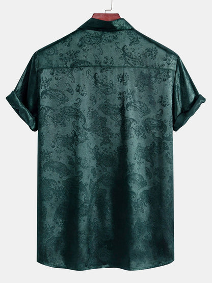 Men's Short Sleeve Paisley Shirt with Camp Collar and Button-Front