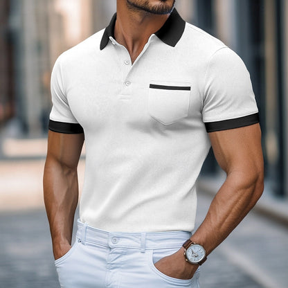 Men's Short Sleeve Polo Shirt with Chest Pocket and Contrast Trim