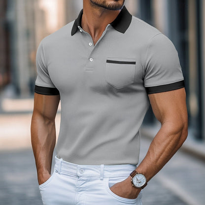 Men's Short Sleeve Polo Shirt with Chest Pocket and Contrast Trim