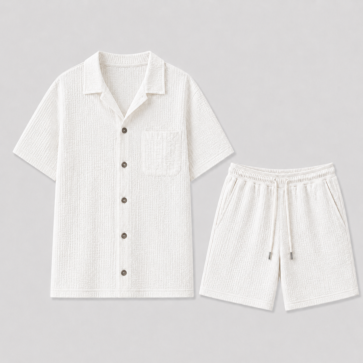 Men's Short Sleeve Shirt and Shorts Set with Chest Pocket and Drawstring Waist