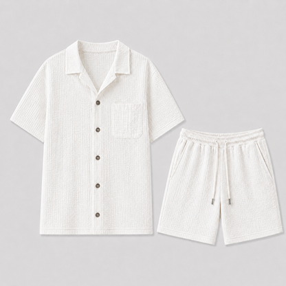 Men's Short Sleeve Shirt and Shorts Set with Chest Pocket and Drawstring Waist