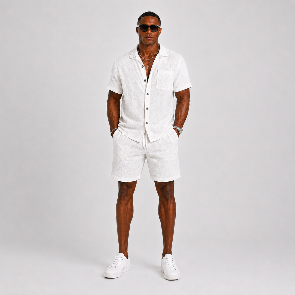 Men's Short Sleeve Shirt and Shorts Set with Chest Pocket and Drawstring Waist