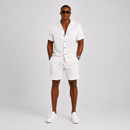 Men's Short Sleeve Shirt and Shorts Set with Chest Pocket and Drawstring Waist