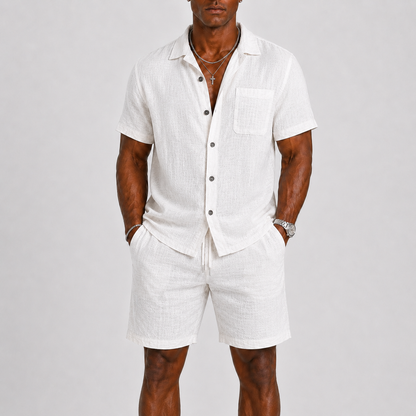 Men's Short Sleeve Shirt and Shorts Set with Chest Pocket and Drawstring Waist