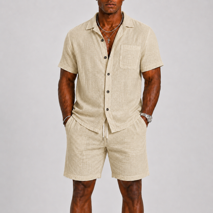 Men's Short Sleeve Shirt and Shorts Set with Chest Pocket and Drawstring Waist