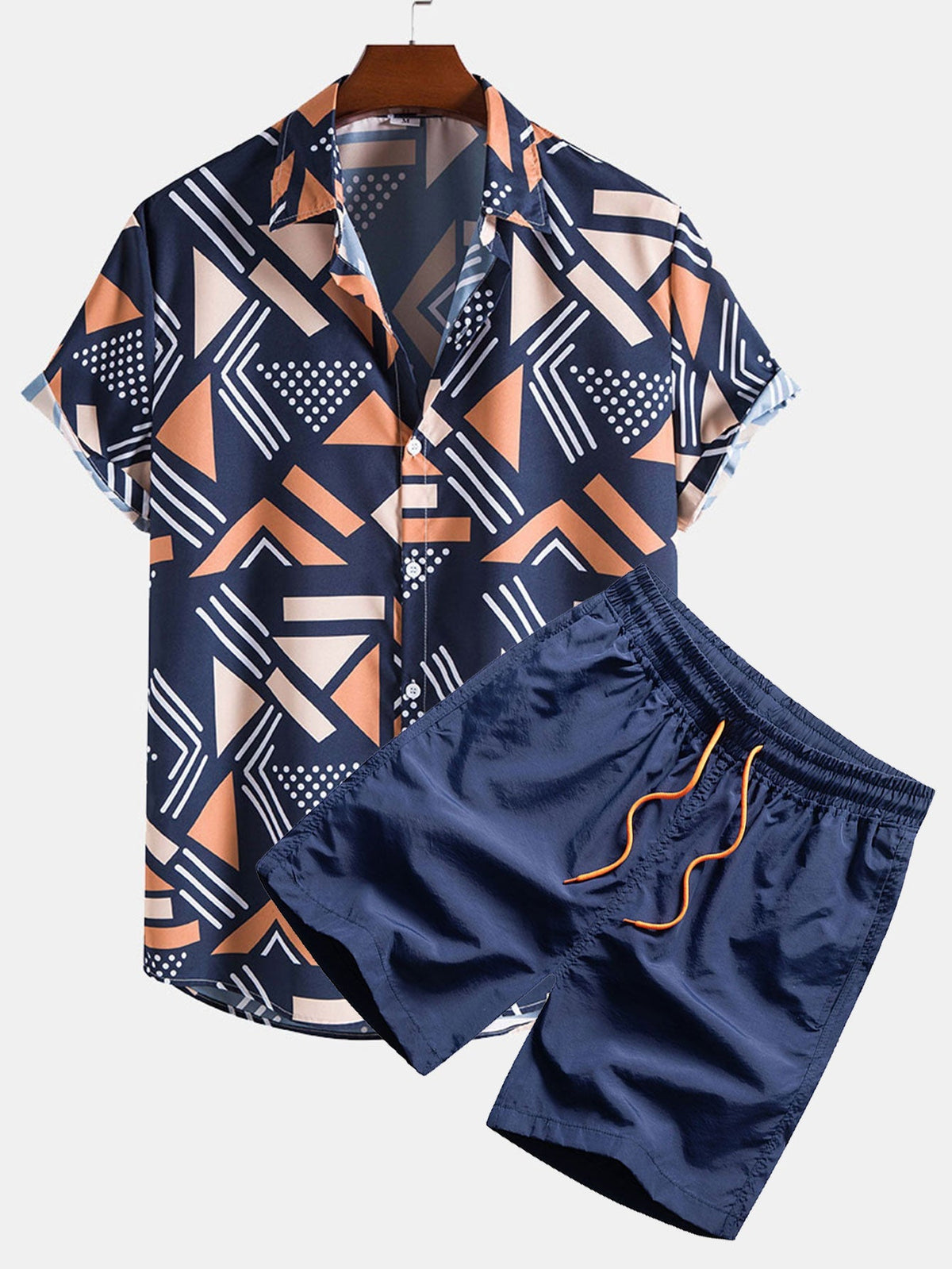 Men's Short Sleeve Shirt and Swim Shorts Set with Geometric Print and Drawstring Waist
