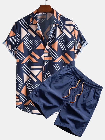 Men's Short Sleeve Shirt and Swim Shorts Set with Geometric Print and Drawstring Waist
