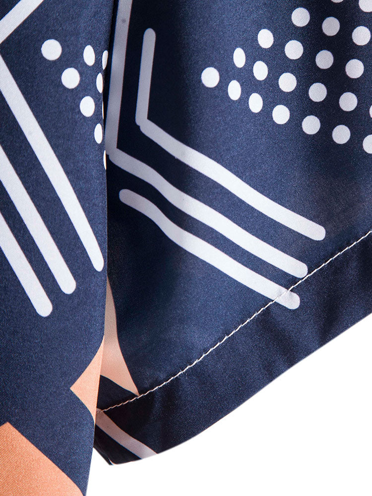 Men's Short Sleeve Shirt and Swim Shorts Set with Geometric Print and Drawstring Waist