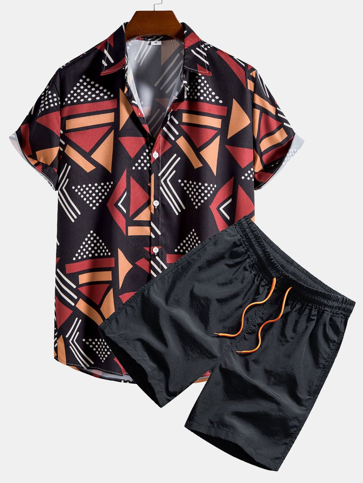 Men's Short Sleeve Shirt and Swim Shorts Set with Geometric Print and Drawstring Waist
