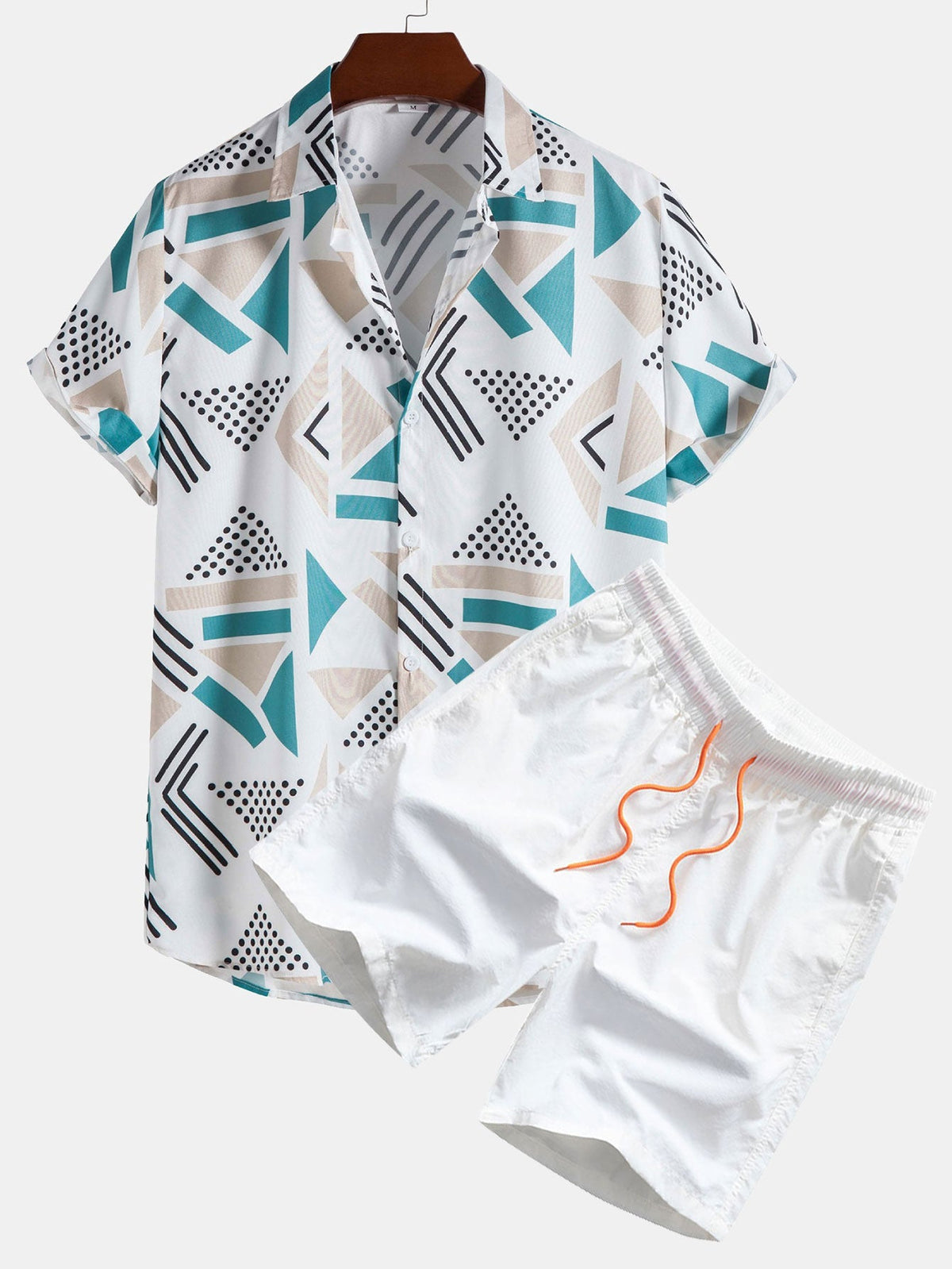 Men's Short Sleeve Shirt and Swim Shorts Set with Geometric Print and Drawstring Waist