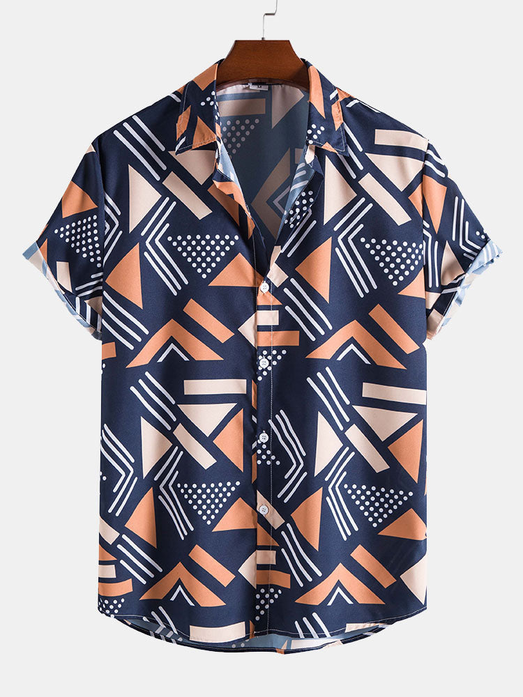 Men's Short Sleeve Shirt and Swim Shorts Set with Geometric Print and Drawstring Waist