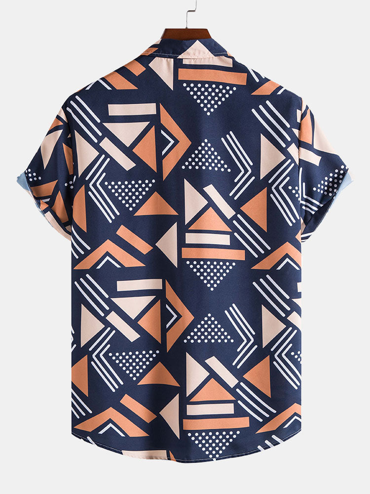 Men's Short Sleeve Shirt and Swim Shorts Set with Geometric Print and Drawstring Waist