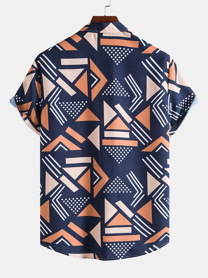 Men's Short Sleeve Shirt and Swim Shorts Set with Geometric Print and Drawstring Waist