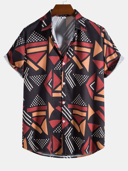 Men's Short Sleeve Shirt and Swim Shorts Set with Geometric Print and Drawstring Waist