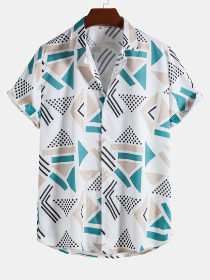 Men's Short Sleeve Shirt and Swim Shorts Set with Geometric Print and Drawstring Waist