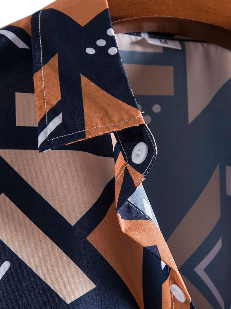 Men's Short Sleeve Shirt and Swim Shorts Set with Geometric Print and Drawstring Waist