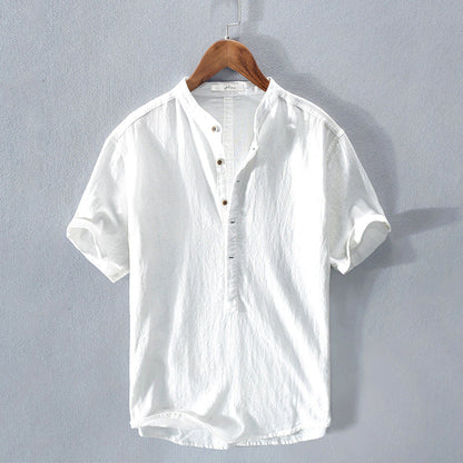 Men's Short Sleeve Shirt with Mandarin Collar and Half Button Placket