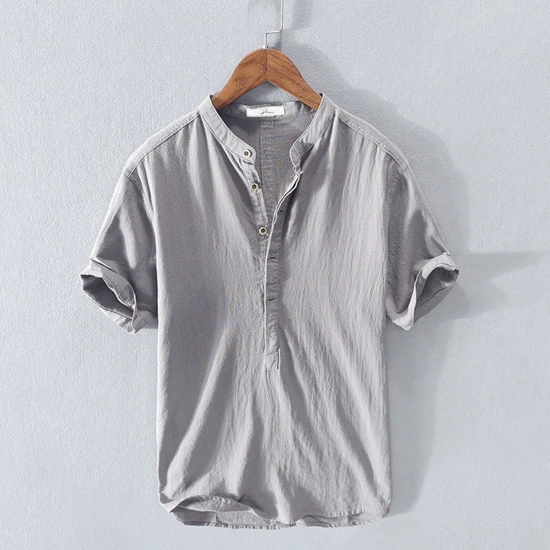 Men's Short Sleeve Shirt with Mandarin Collar and Half Button Placket