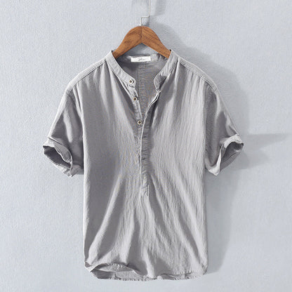 Men's Short Sleeve Shirt with Mandarin Collar and Half Button Placket
