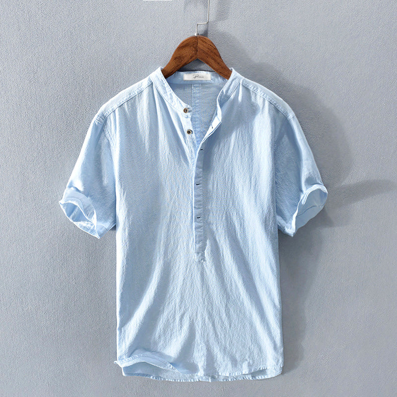 Men's Short Sleeve Shirt with Mandarin Collar and Half Button Placket
