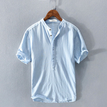 Men's Short Sleeve Shirt with Mandarin Collar and Half Button Placket